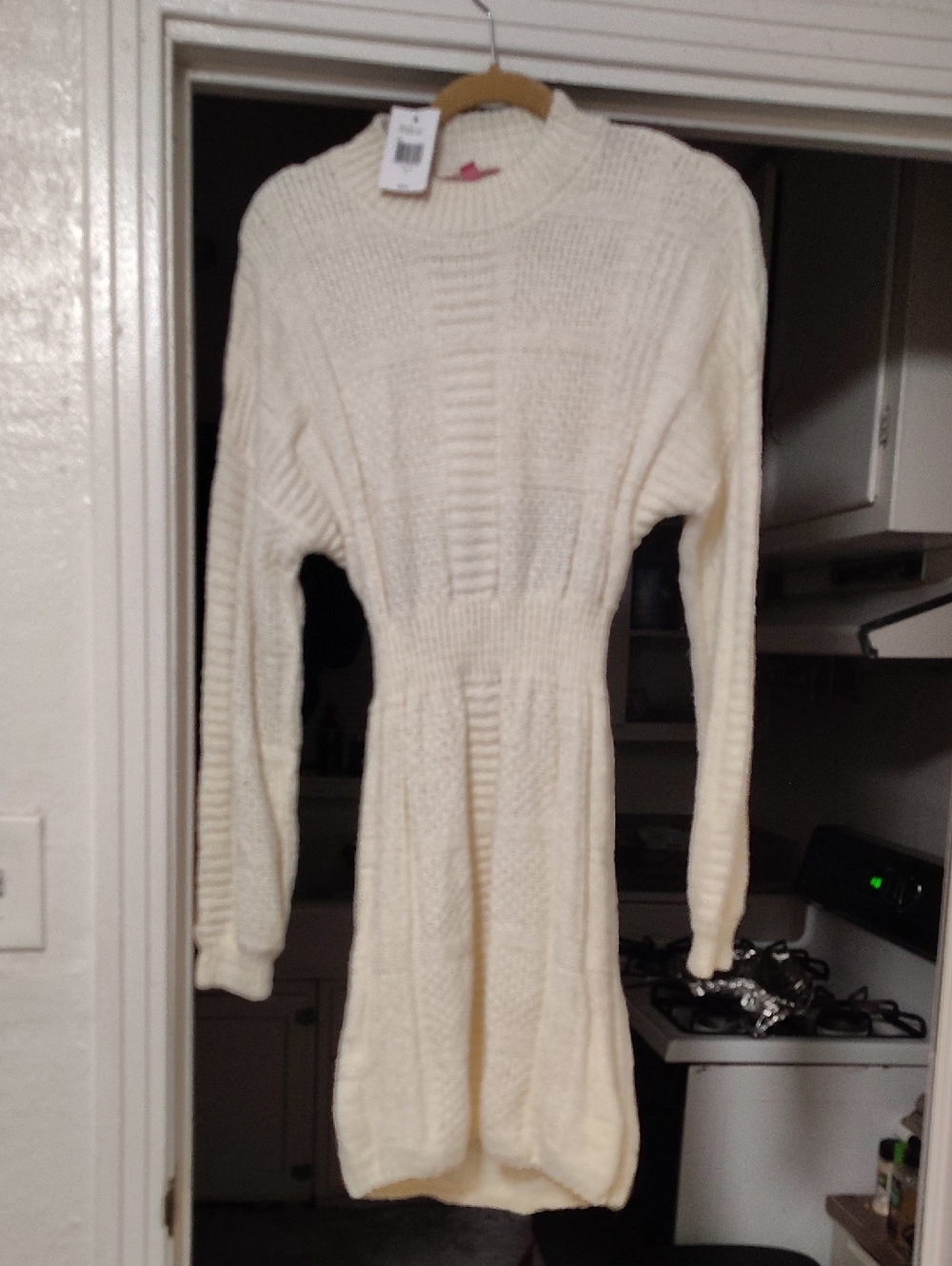 Guess Cream Cable-Knit Long Sleeve Dress
